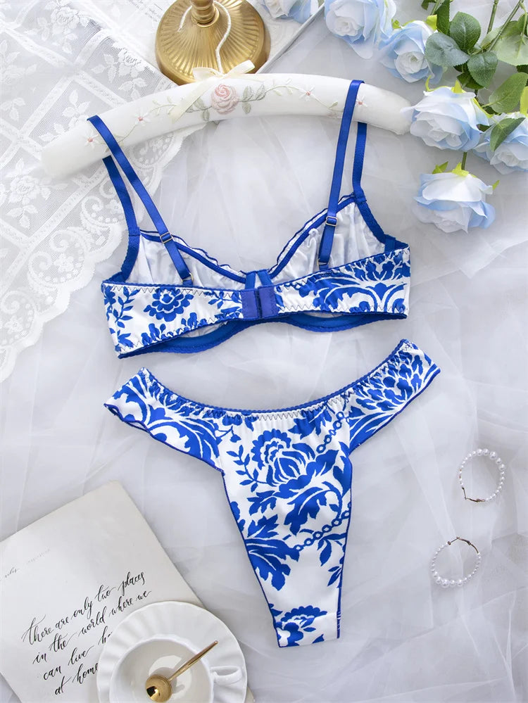 Women's Lingerie Blue Floral Print Bra Panty Set Elegant Intimate Underwear Breathable Gather Bra Comfortable Daily Lingerie Set