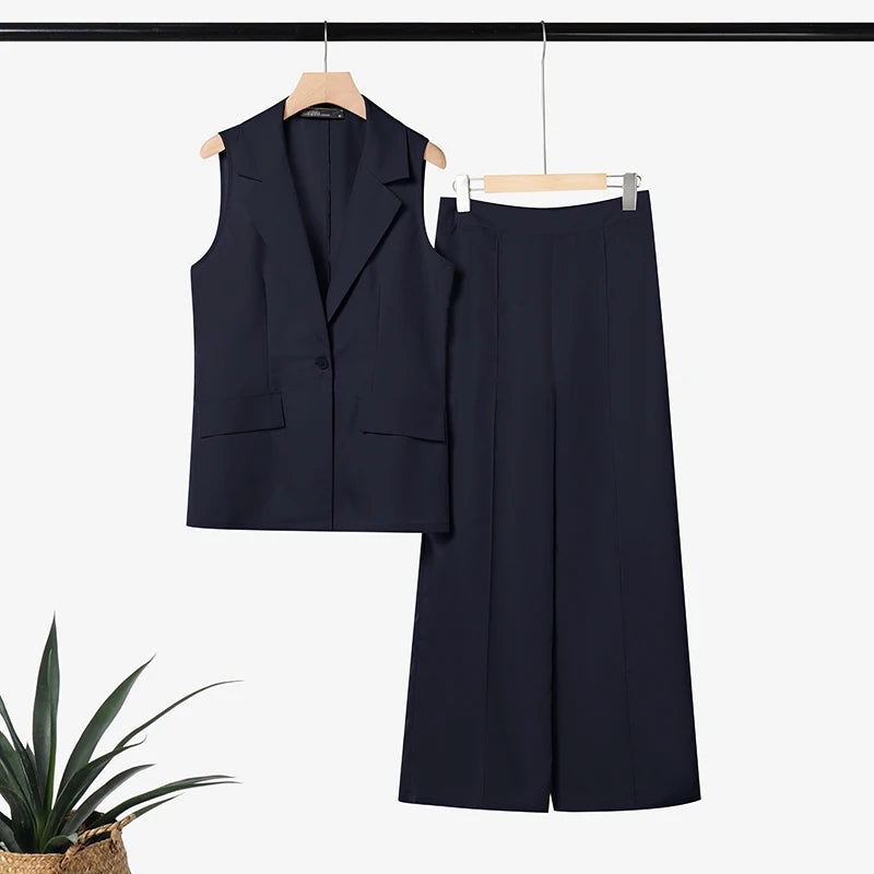 ZANZEA Women's Elegant Matching Pant Sets Summer Lapel Collar Vests Tops & Wide Leg Pants 2 Piece Suits Commute Work Tracksuits