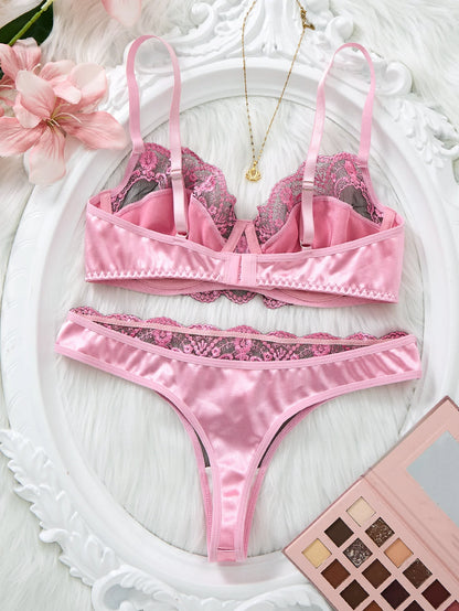 Women's Romantic Pink Lace Lingerie Set Padded Balconette Bra + Sheer Thong Satin Trim Date Night/Valentine's Underwear ZA824289
