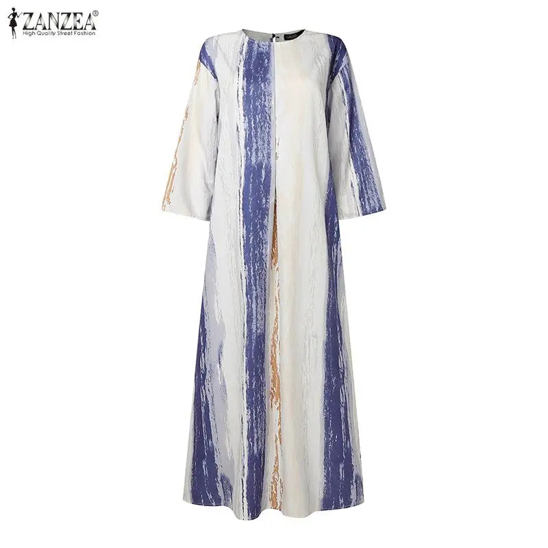 ZANZEA Fashion Casual O Neck Long Sleeve Printed Dress Muslim Dresses Abaya Women Summer Sundress Robe Femme Loose Vestidos