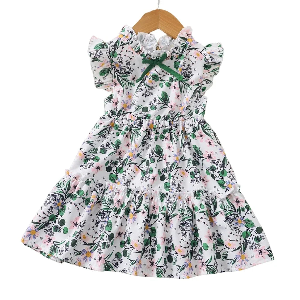 1-6 Years Kids Baby Girl Daily Dress Flowers Print Sleeveless Retro Style Lovely A- Line Summer Children Holiday Party Dresses