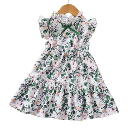1-6 Years Kids Baby Girl Daily Dress Flowers Print Sleeveless Retro Style Lovely A- Line Summer Children Holiday Party Dresses