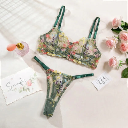2-Piece Fashion Floral Lingerie Set Embroidery Sheer Underwear Intimates Underwire Push-up Versatile Bra Panty Set For Lady Girl