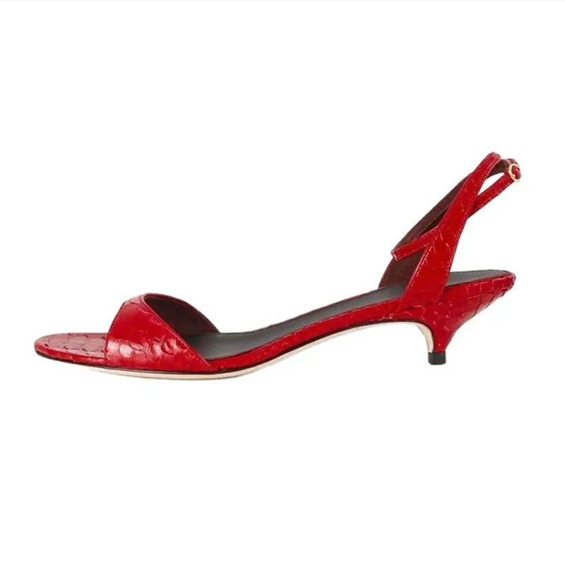 Concise Kitten Heel Ankle Strap Buckle Sandals Women Sexy Peep Toe Low Heel Elegant Leather Pattern Design Party Wedding Shoes