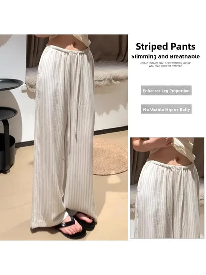 Casual Ice Silk Linen Stripe Wide Leg Pants Women Summer Thin plus Size Loose Drapey Small Cotton Linen Pants High Waist Stra...