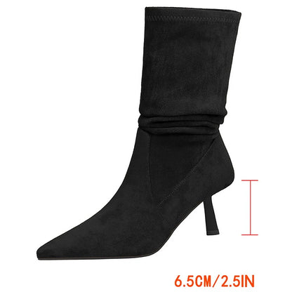 2026 New Women Pleated Elastic Boots Pointed Tip Mid-Calf Boots Women Shoes Suede Autumn Winter Boots Stilettos High Heel Boots