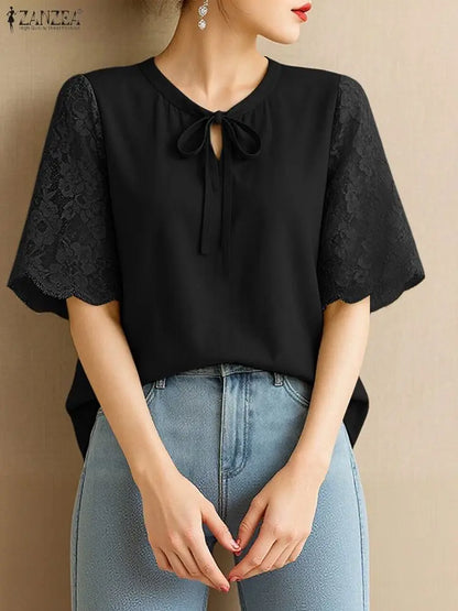 ZANZEA Elegant Women's Lace Patchwork Half Sleeve Blouses Casual Lace-Up O-Neck Solid Color Tops Korean Fashion Woman Clothes