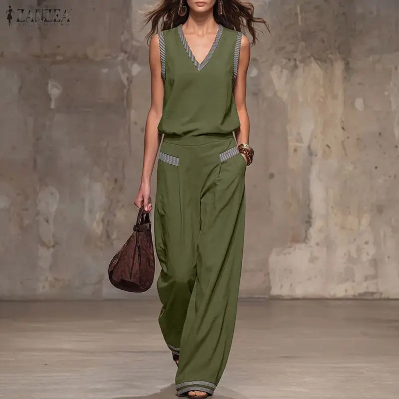 ZANZEA Fashion Summer 2 Pieces Tracksuit Women V Neck Sleeveless Tanks Tops Pant SetsCasual Patchwork Work Outfit Matching Sets