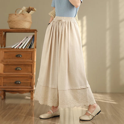 Spring Summer Lace Splicing  Color Wide Leg Pants Elastic Waist Casual Trousers Nine Points Pants Loose Fit Ladies Jeans
