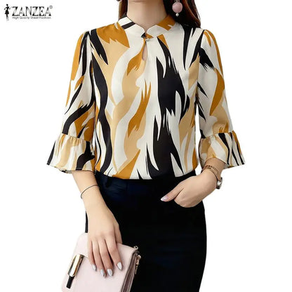 ZANZEA Elegant All-Over Print Blouses Woman Retro Mandarin Collar 3/4 Flare Sleeves Loose Tops Summer Bohemian Blusas de Mujer