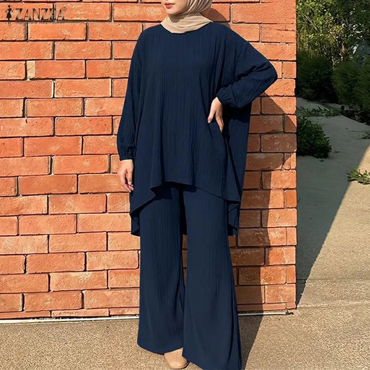ZANZEA Muslim Women 2 Pieces Outfits Casual Full Sleeve Long Tops Wide Leg Pant Sets Abaya Suit Hijab Tracksuit Matching Sets