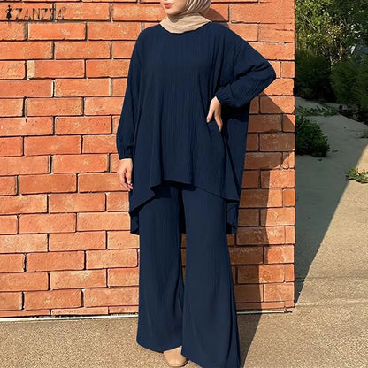 ZANZEA Muslim Women 2 Pieces Outfits Casual Full Sleeve Long Tops Wide Leg Pant Sets Abaya Suit Hijab Tracksuit Matching Sets