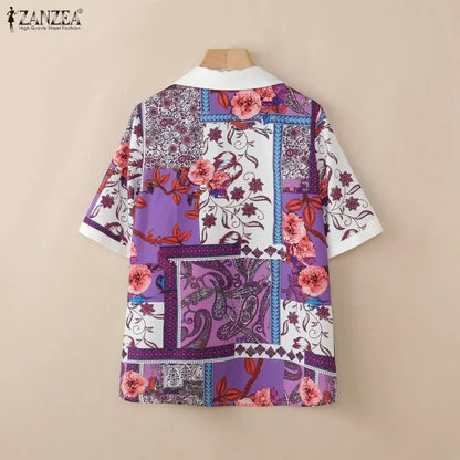 ZANZEA Women Floral Print Pullover Blouses Collared Short Sleeve Decorative Buttons Tops Summer Casual Vacation Blusas Mujer
