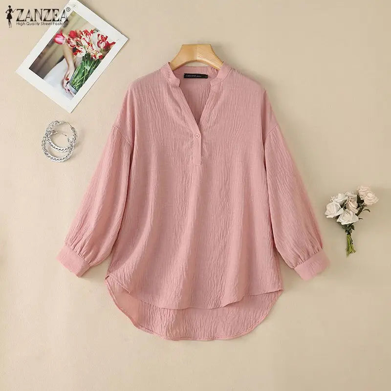 ZANZEA Oversized High-Low Blouses Woman V-Neck Lantern Sleeves Crinkled Fabric Solid Color Tops 2026 Autumn Casual Work Blusas