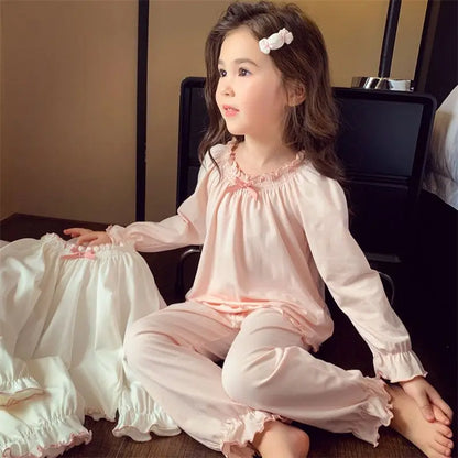 2025 New Girl's Autumn Pajama Set Stylish Long Sleeve Pants Two Piece Home Wear Casual Trendy Baby Sleepwear for Kids
