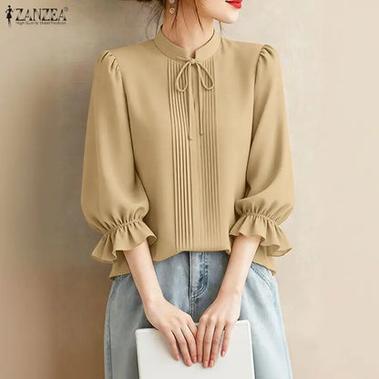 ZANZEA Women's Elegant 3/4 Puff Sleeve Blouses Summer Lace-Up Stand Collar Pintuck Tops Daily Casual Solid Color Blusas de Mujer