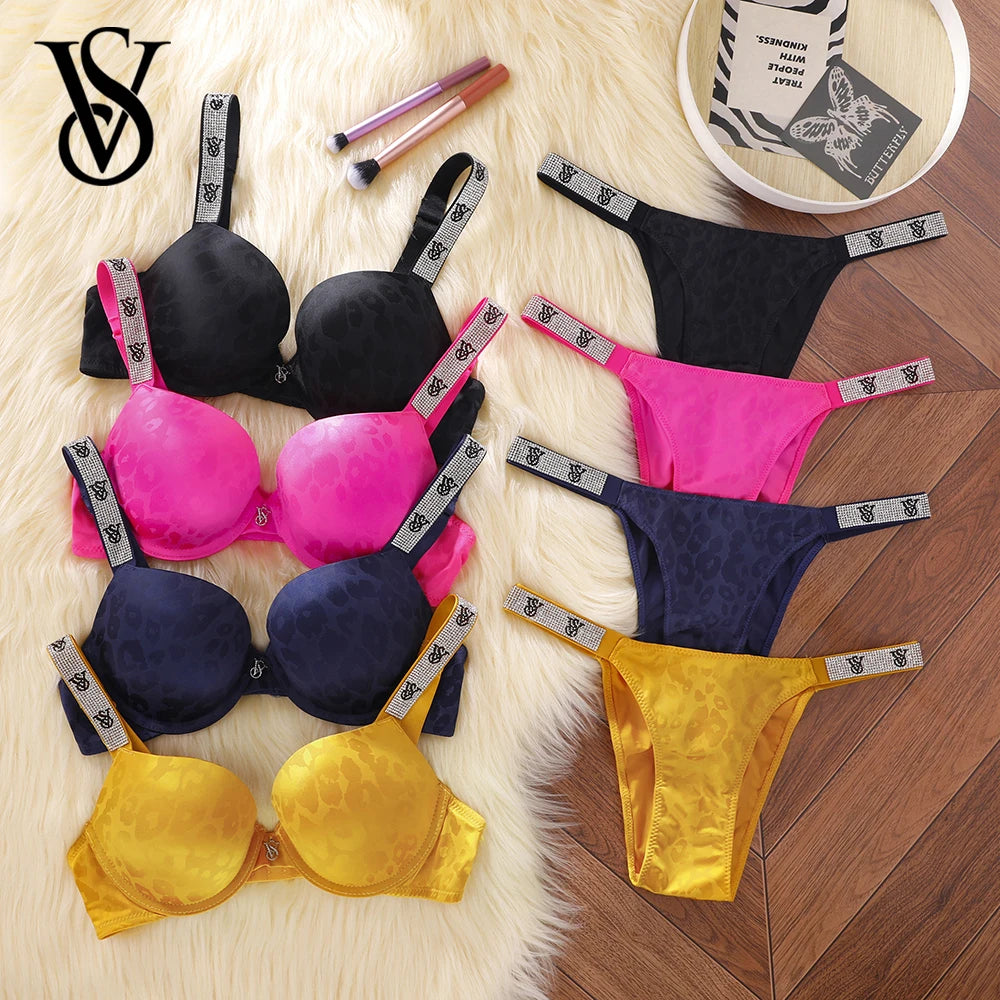 Victoria Secret Sexy Lingerie Set Very Sexy Logo Shine Strap Leopard Print Push Up Bra Shine Script Thong Panty