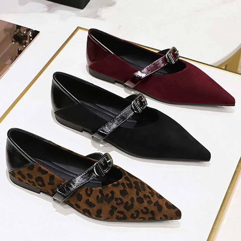 Leopard Print Women's Flat Shoes Women's Suede Shoes Pointed Tip Flat Heeled Banquet Shoes With Belt Buckle Ladies Shoes 2026