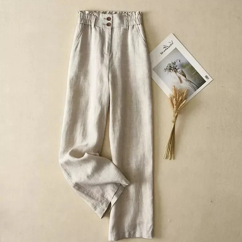 Summer Thin High Waisted Flax Wide Leg Pants Female Solid Color Flower Bud Waist Straight Leg Trousers Lady Cotton Linen Pant