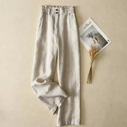 Summer Thin High Waisted Flax Wide Leg Pants Female Solid Color Flower Bud Waist Straight Leg Trousers Lady Cotton Linen Pant
