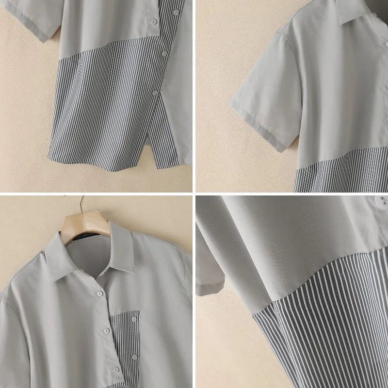 Women Shirt ZANZEA Fashion Patchwork Summer Short Sleeve Tops Striped Tee Oversize Blusas Turn-down Collar Tunic Streetwear
