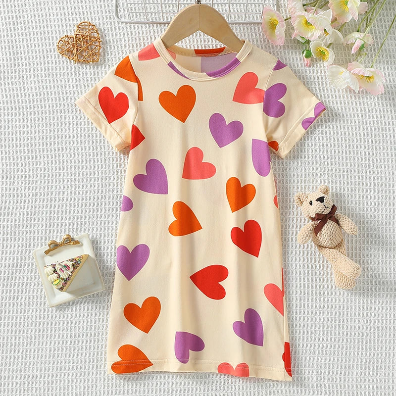 Girl's summer cute printed fashionable dress, comfortable round neck knee length skirt, cartoon casual home skirt, nightgown