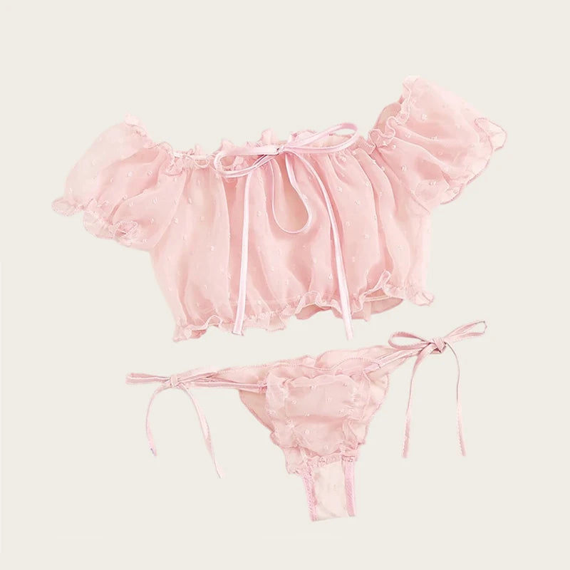 Women's Lingerie Sexy Mesh Bra Set Off Shoulder Ruffle Underwear Set Cute Dot Transparent Bras Thong Bandage Lenceria Intimates