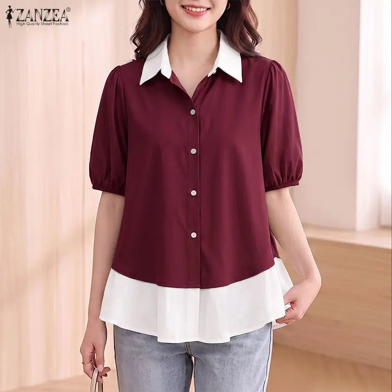 ZANZEA Woman Color-Block Shirts Elegant Lapel Puff Sleeves Button Up Peplum Blouses Summer Casual Daily Wear Chemises Femme 3XL