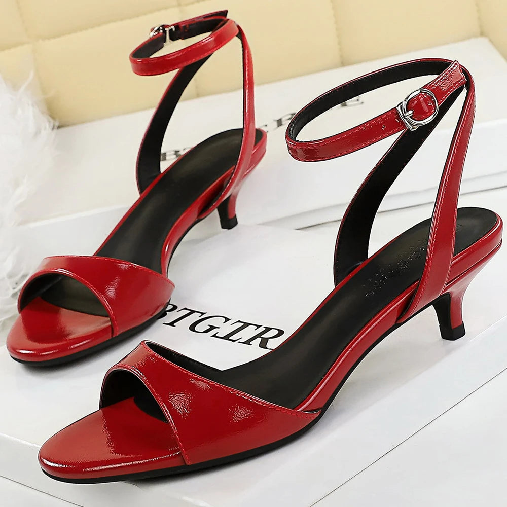 BIGTREE Shoes Open-toe Mid-heel Women Shoes Patent Leather Women Pumps Sexy Women Heels Stiletto 4 cm Buckle Summer Sandals