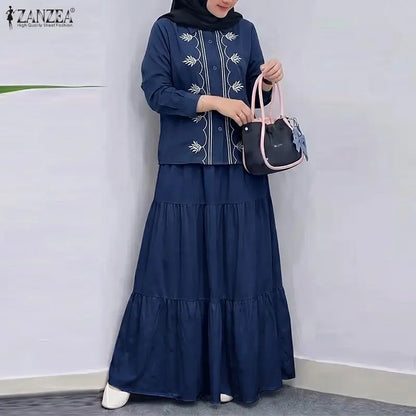ZANZEA Women Muslim Two Piece Set Vintage Floral Embroidered Long Sleeve Button Blouse Tiered Maxi Skirt Modest Islamic Clothing