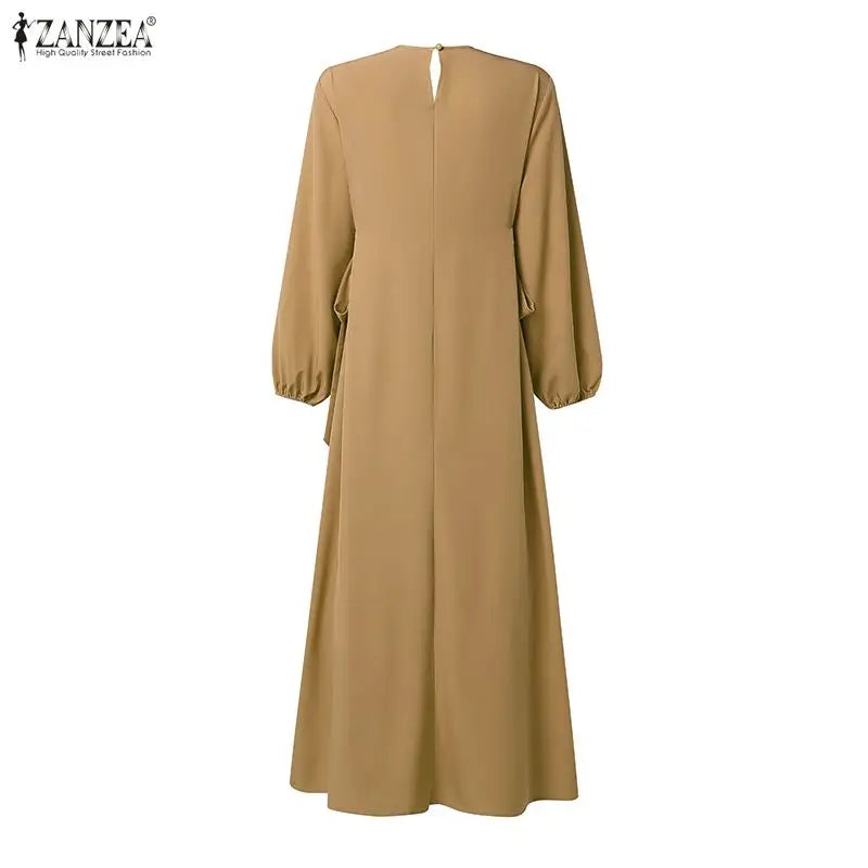 ZANZEA Stylish Women Striped Patchwork Muslim Dress Abaya Elegant Maxi Long Dress Dubai Robe Kaftan O Neck Long Sleeve Sundress