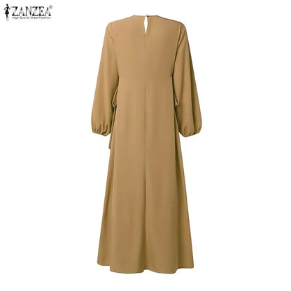 ZANZEA Stylish Women Striped Patchwork Muslim Dress Abaya Elegant Maxi Long Dress Dubai Robe Kaftan O Neck Long Sleeve Sundress