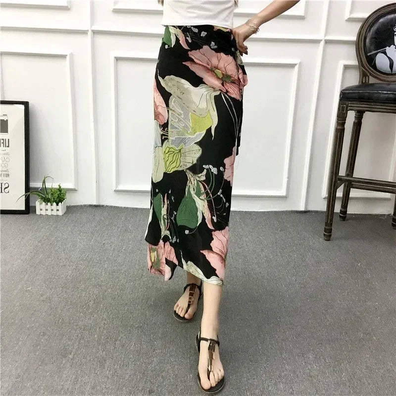 Summer Beach Floral Skirt for Women Cotton High Waist Wrap Maxi Skirt Long with Side Slit & Tie Detail Boho Style Design