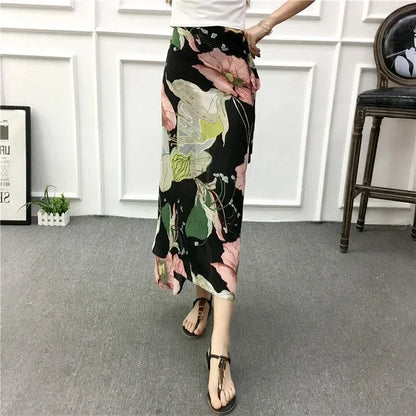 Summer Beach Floral Skirt for Women Cotton High Waist Wrap Maxi Skirt Long with Side Slit & Tie Detail Boho Style Design