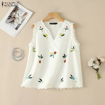 ZANZEA Woman Summer Floral Prints Tank Tops V-Neck Lace Trim A-Line Sleeveless Tops Casual Vacation Beach Blouses 2026 New