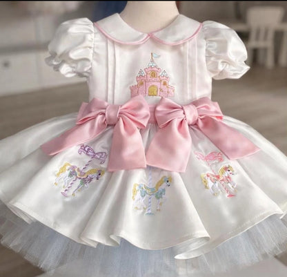 Summer Girl Sweet Carousel Castle Embroidered Pink Bow White Puffy Dress for Casual Party Birthday Wedding Photography B625