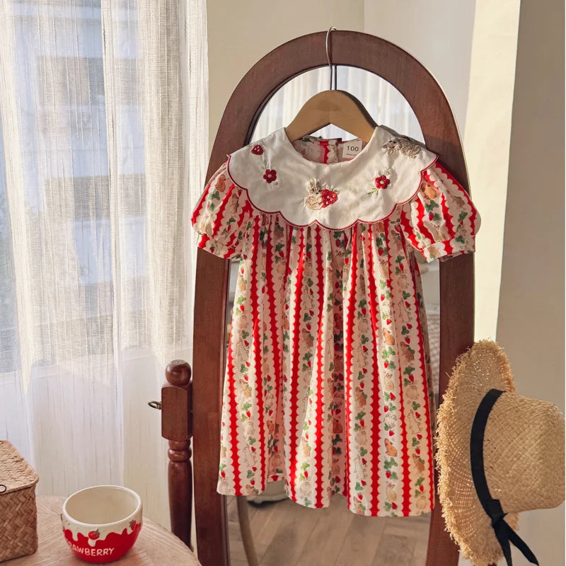 2025Girls' Summer New Floral Turn-down Collar Rabbit Embroidered Puff Sleeve Sweet Princess Dress