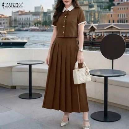 ZANZEA Women Elegant Skirt Sets Short Sleeve Cropped Shirt & A-Line Midi Skirt 2 Pieces Sets Office Commute Skirt Suits Outfits