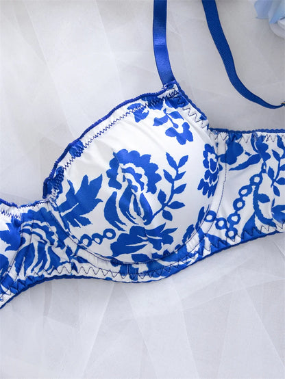 Women's Lingerie Blue Floral Print Bra Panty Set Elegant Intimate Underwear Breathable Gather Bra Comfortable Daily Lingerie Set