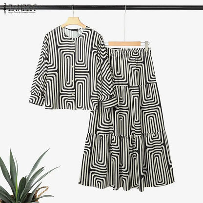 2026 ZANZEA Fashion Muslim Suit Outfits Autumn 2 Piece Sets Spring Long Sleeve Shirt Dress Skirts Women Printed Matching Sets
