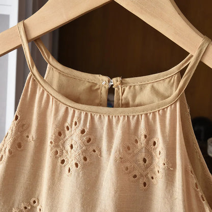 2026 Kids Clothing Korean Dress for Girls Solid Color Lace Hollow-out Suspenders Dresses Plain Cotton Girls Summer Clothes
