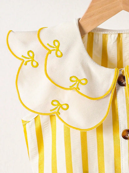 (5120) Little Girls' Summer Fresh and Energetic Multi-Colored White Striped Dress with Doll Collar and Bow Embroidery, in a Retro Cute Style, Suitable for Amusement Parks, Theme Parties, Vacations, and Gatherings.