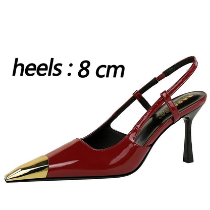 Summer Women's Sandals Leopard Print High Heels Metal Pointed Tip High Heeled Sandals Rear Empty Rear Strap Stiletto Heels Lady