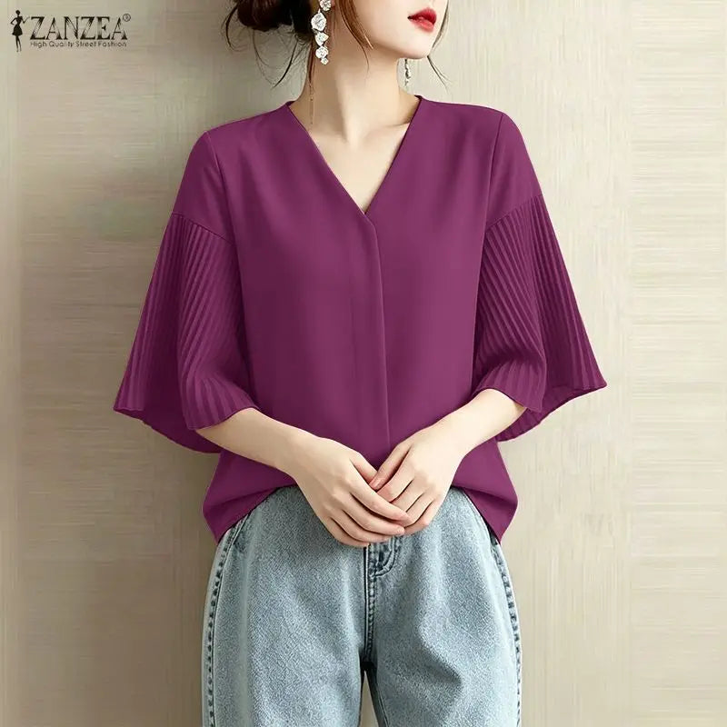 ZANZEA Women's Elegant Blouses Pleated Bell Sleeve V-Neck Loose Pullover Tops Summer Daily Casual Solid Color Blusas de Mujer