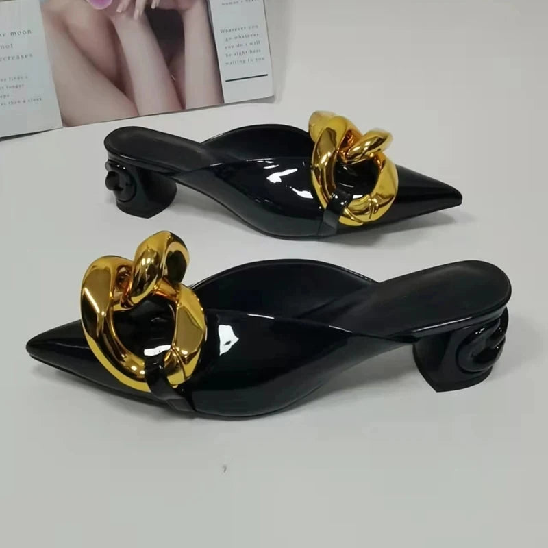 Gold Chain Slippers Woman Pointed Toe Red Black Patent Leather  High Heel Shoes Lady Fashion Muller Slippers