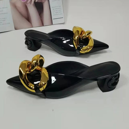 Gold Chain Slippers Woman Pointed Toe Red Black Patent Leather  High Heel Shoes Lady Fashion Muller Slippers