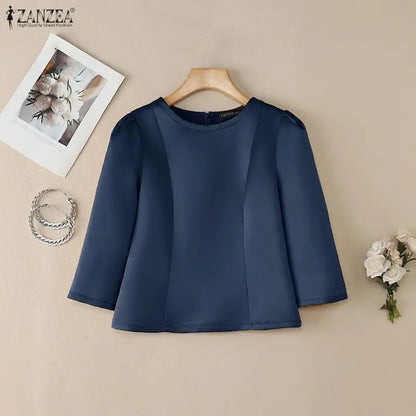 ZANZEA Women's Elegant Satin Blouses Retro O-Neck 3/4 Sleeve Back Zipper Slit-Fit Short Tops 2026 Spring Summer Woman Clothes