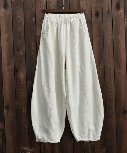 Cotton Linen Bloomers Wide Leg Pants Women Vintage Full Length Fashion Elegent Pants Solid Elasitic Waist Spring Autumn 5XL