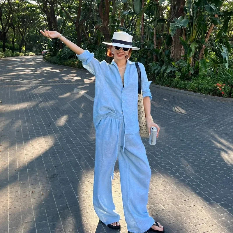 Loose Fit Linen Shirt Set Women Summer Thin Sun Protection Casual Wide Leg Pants Two Piece Suit Comfortable Breathable
