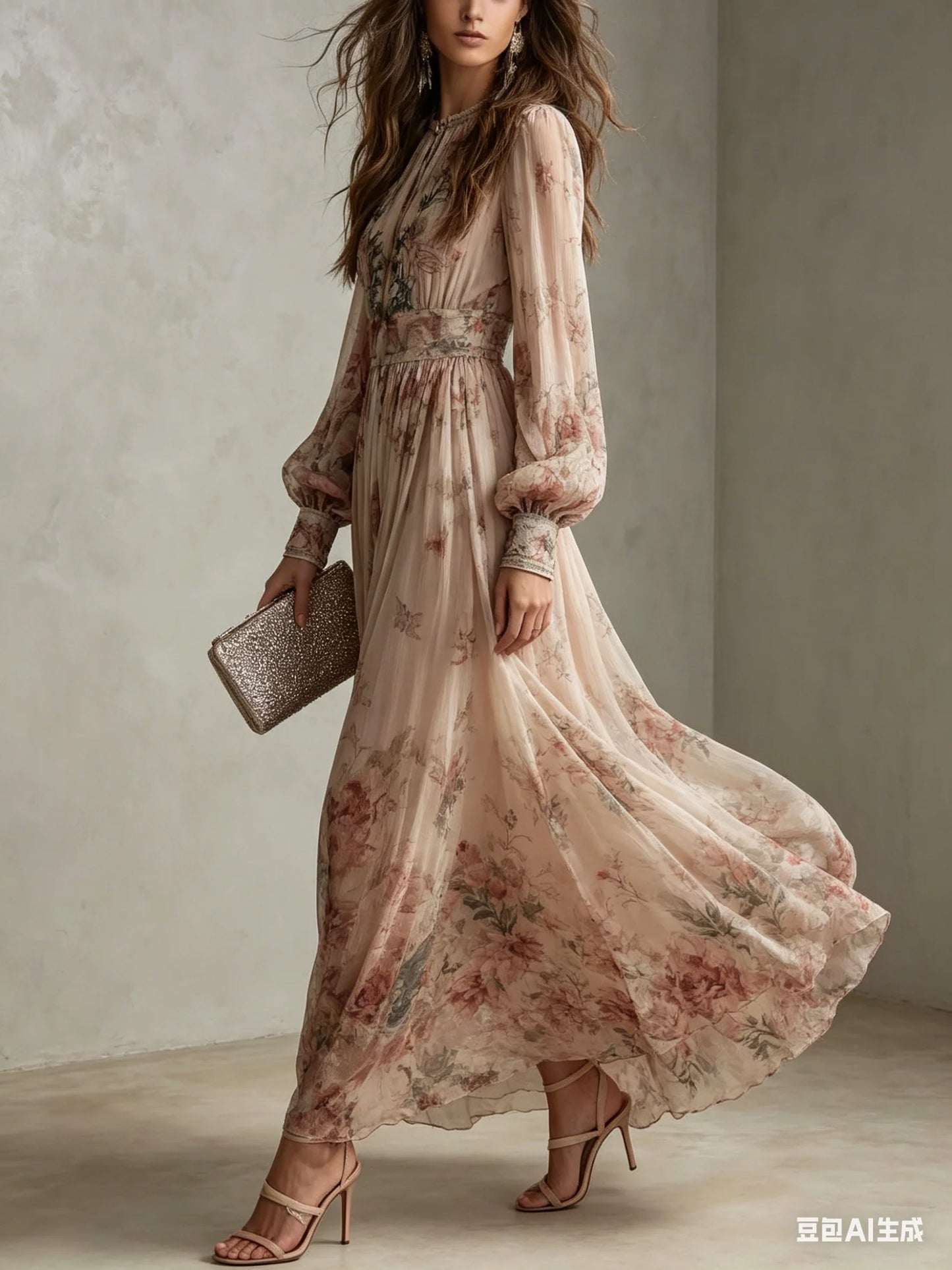 Elegant Long Sleeve Chiffon Long Dresses For Women 2026 Fashion Floral Print Slim Party Maxi Dress Casual